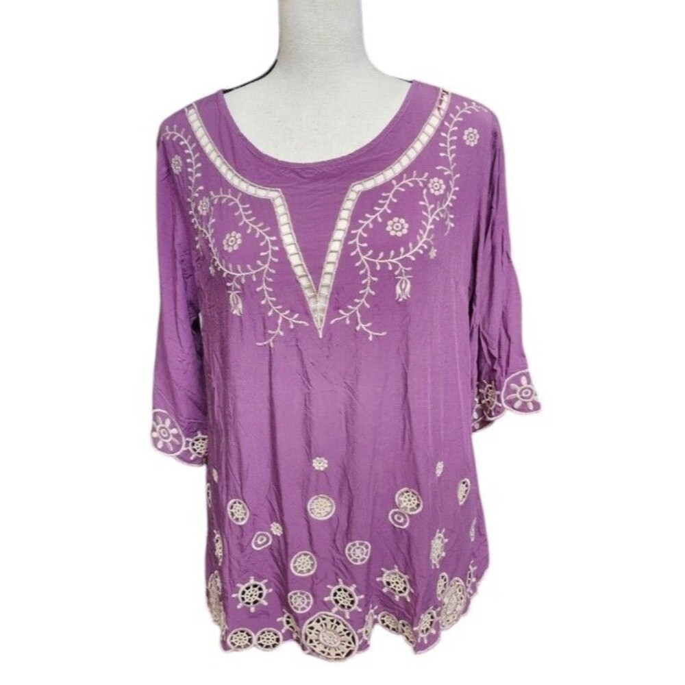 Solitaire by Ravi Khosla Embroidered Boho Top Size S Dusty Mauve Eyelet Lace